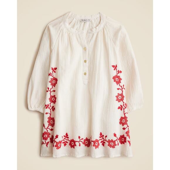NWT Crewcuts Girls Embroidered Popover Dress In Airy Gauze Red Ivory Size 6 - Picture 1 of 9